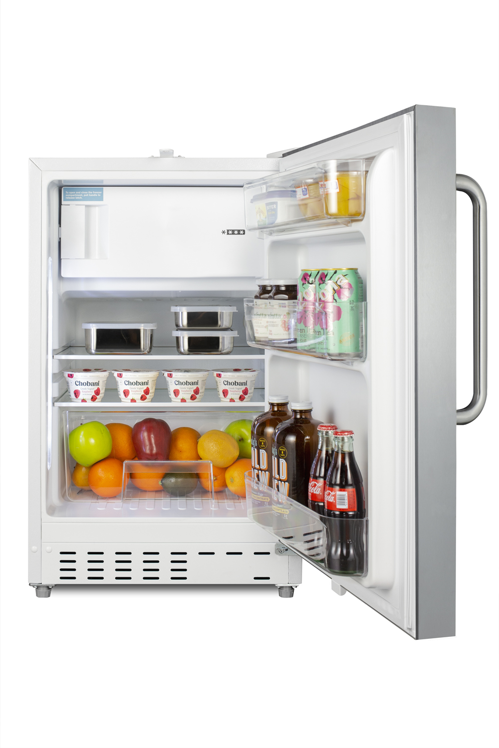 Built-in undercounter ADA compliant refrigerator-freezer in white with a reversible stainless steel door and towel bar handle, for residential use, manual defrost with glass shelves, front lock, and door storage
